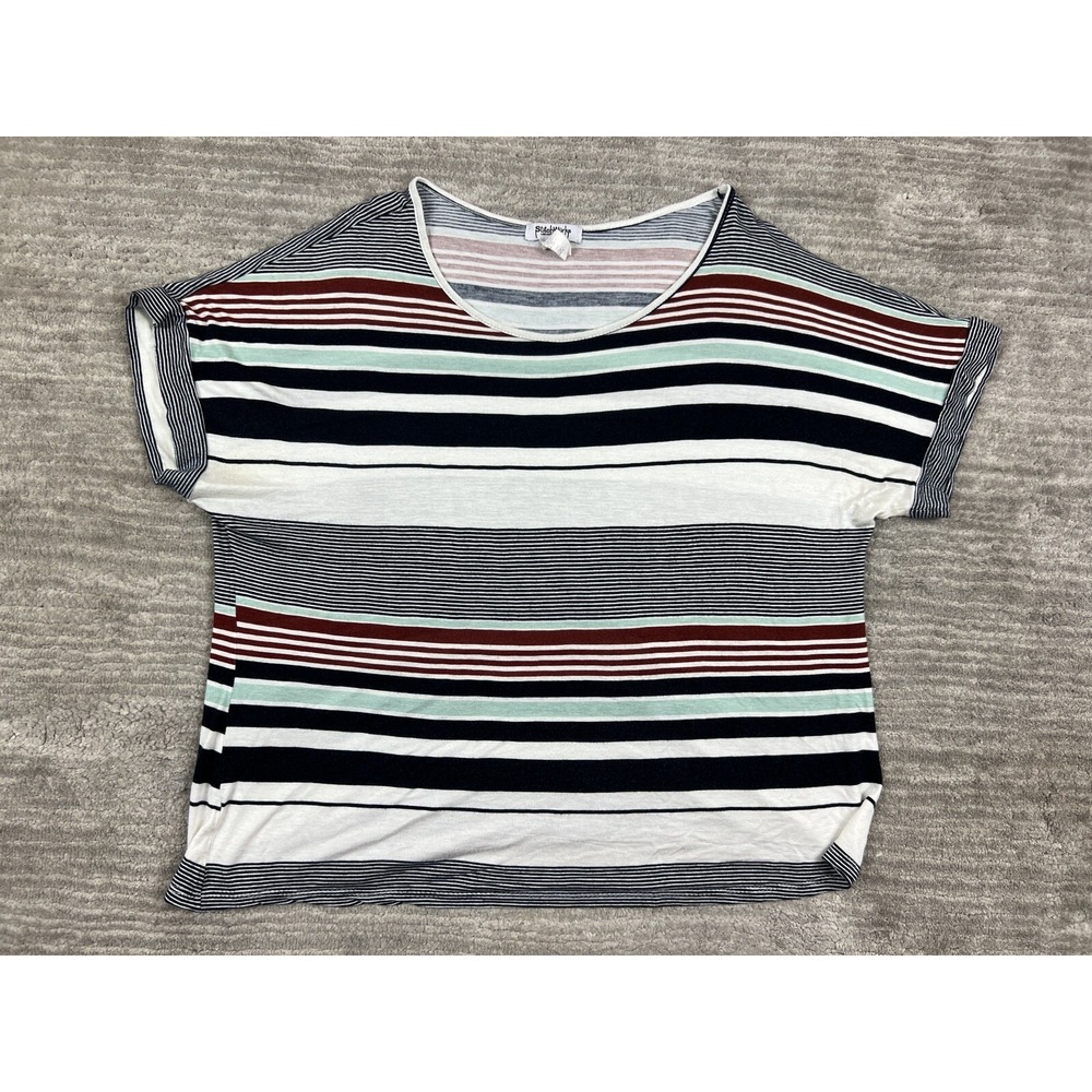 StitchWurks T-Shirt Womens XL White Multi Stripe Scoop Neck Short Sleeve Cuffed